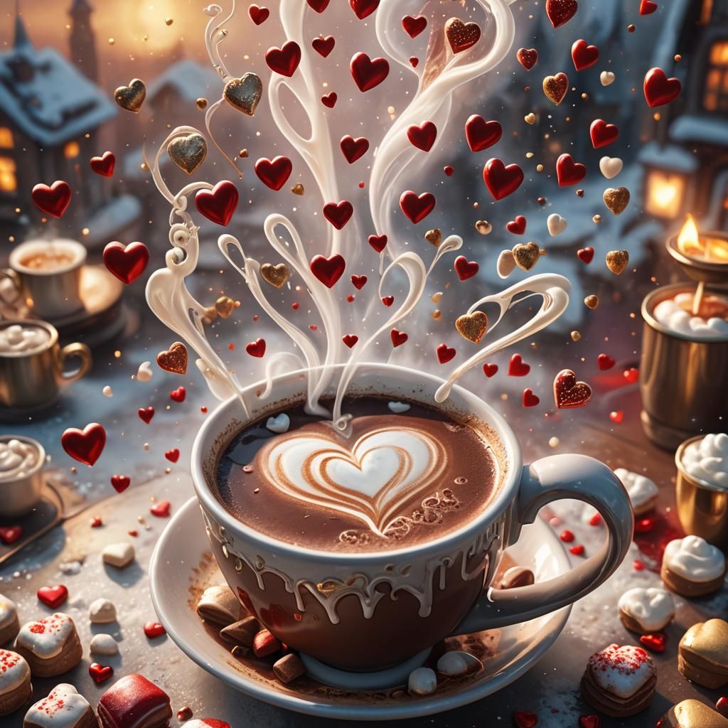 Whimsical Hot Chocolate with Hearts in Fantasy Art