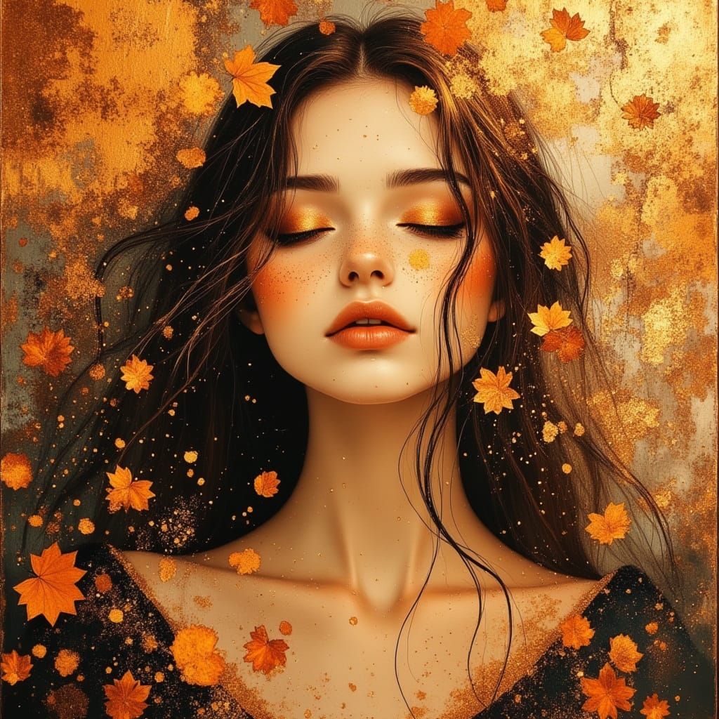 Autumn Portrait of a Woman in Gold Airbrush Acrylic Art