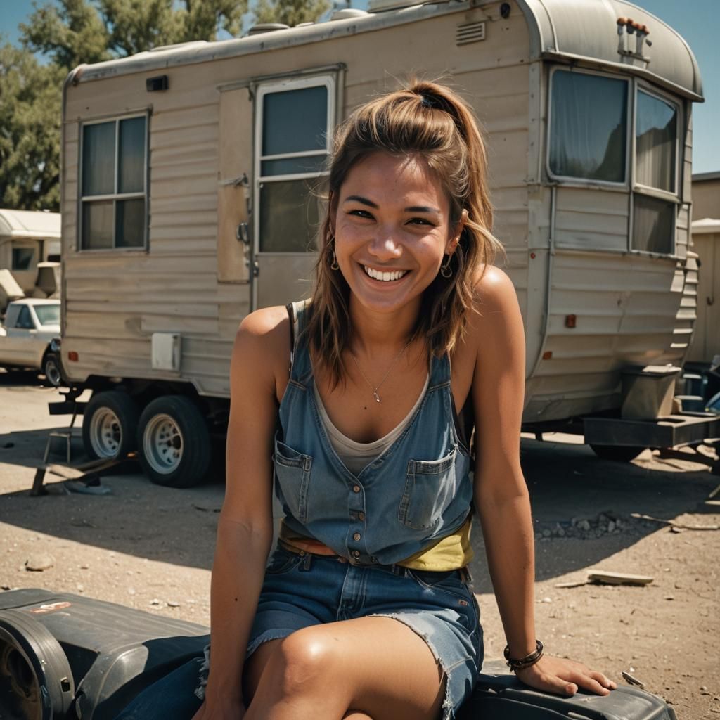 Native Woman in Desert Trailer Park: Cinematic Film Still