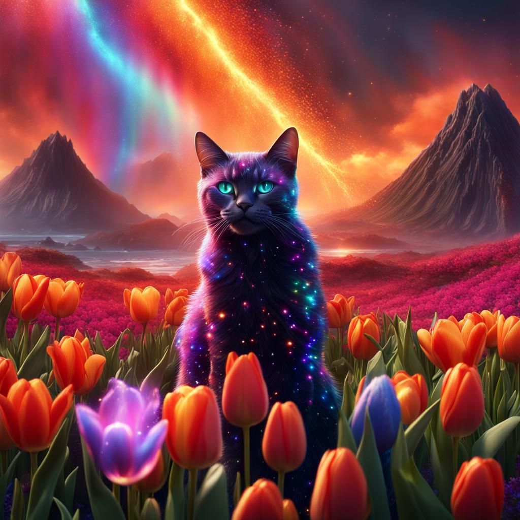 Galactic Cats Erupting from Volcano in Rainbow Display