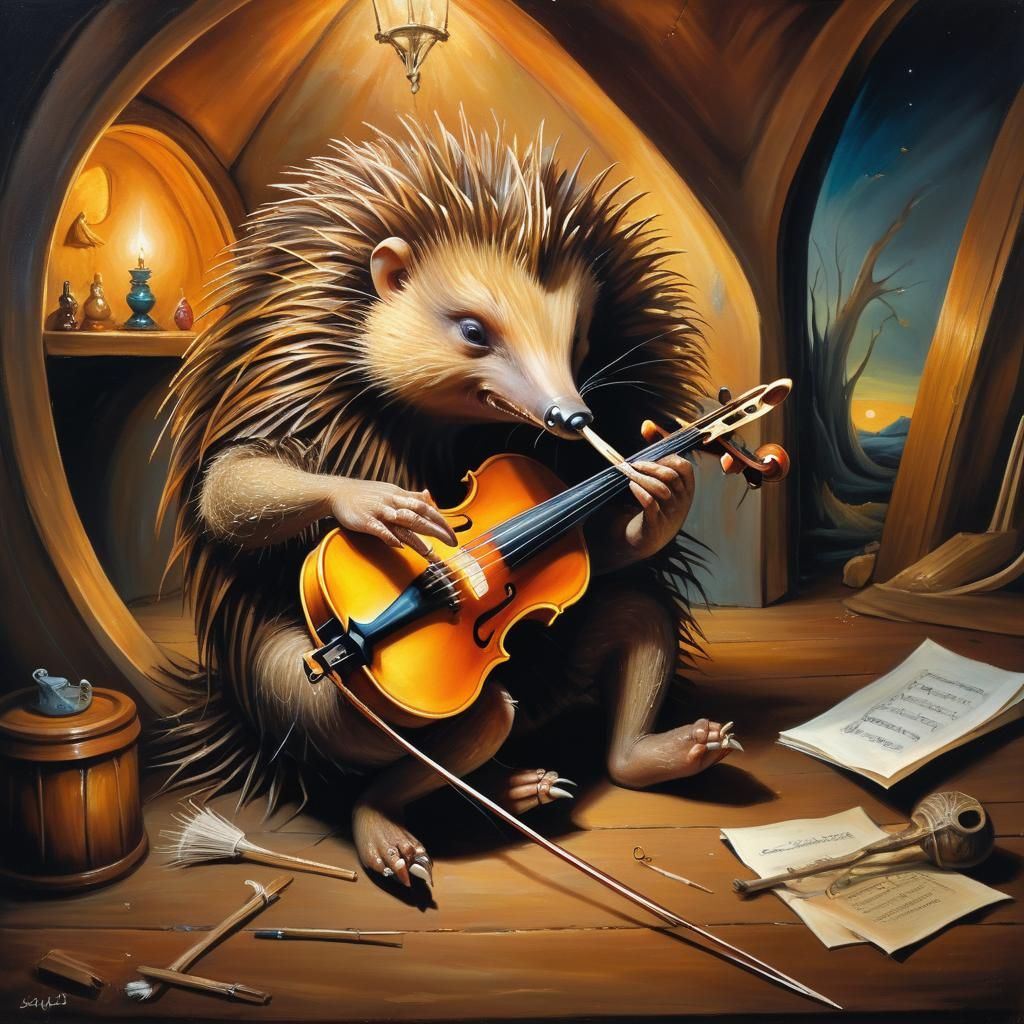 Echidna with Fiddle in Surrealist Oil Painting