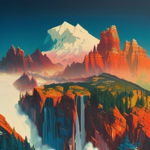 Scenic Mountain View Illustration in Gouache Style