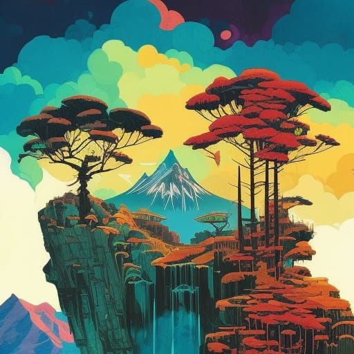 Scenic Mountain View in Gouache Illustration Style