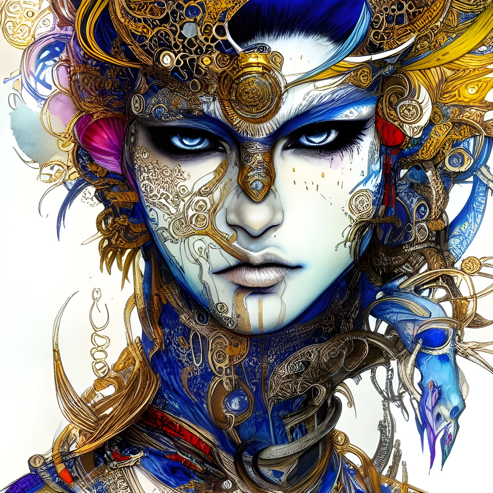 Exotic Warrior Portrait in Ink and Watercolor