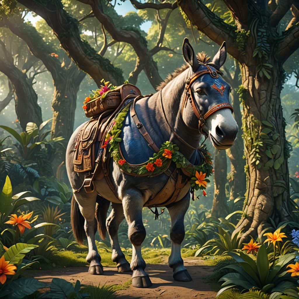 Majestic Fat Donkey in Lush Jungle, Fantasy Art