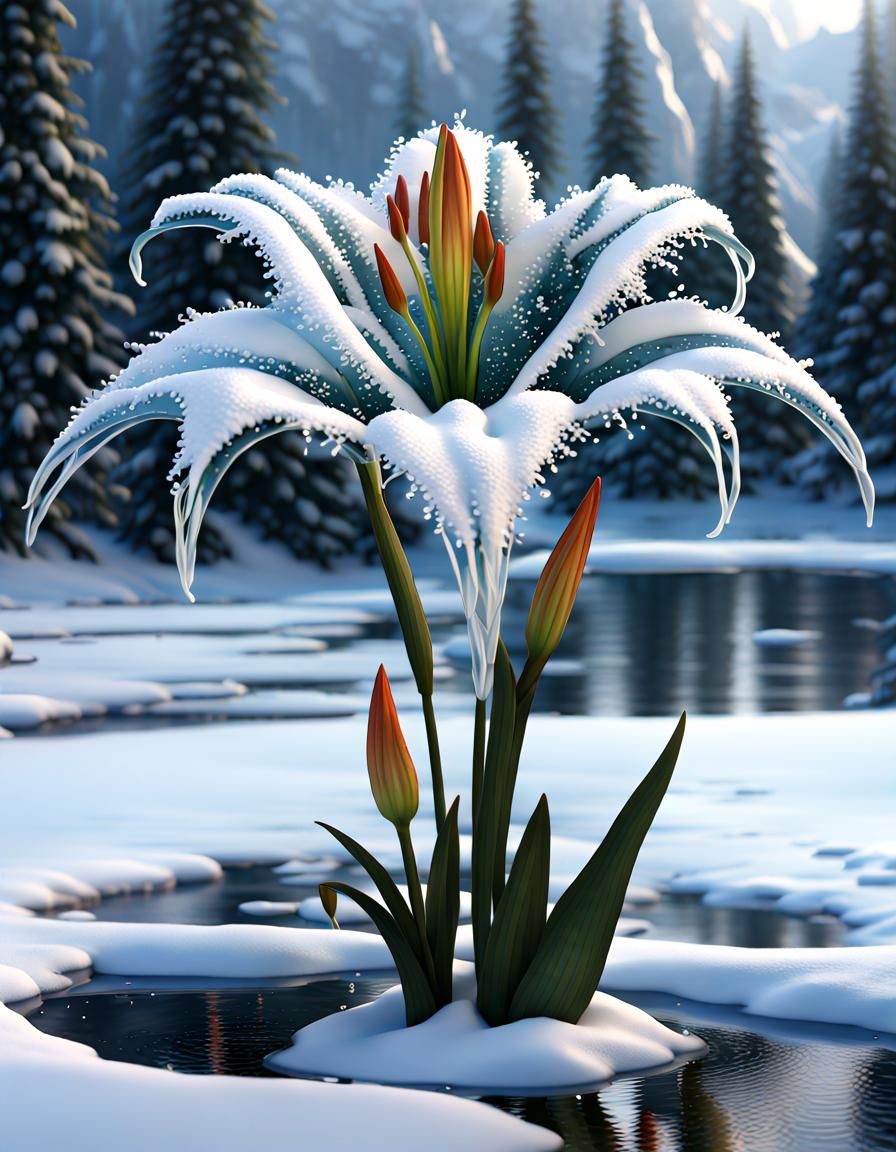 Detailed Ice and Snow Lily Flower in Winter