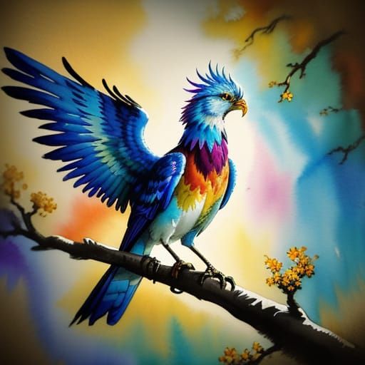 Vibrant Watercolour Phoenix on Tree Branch