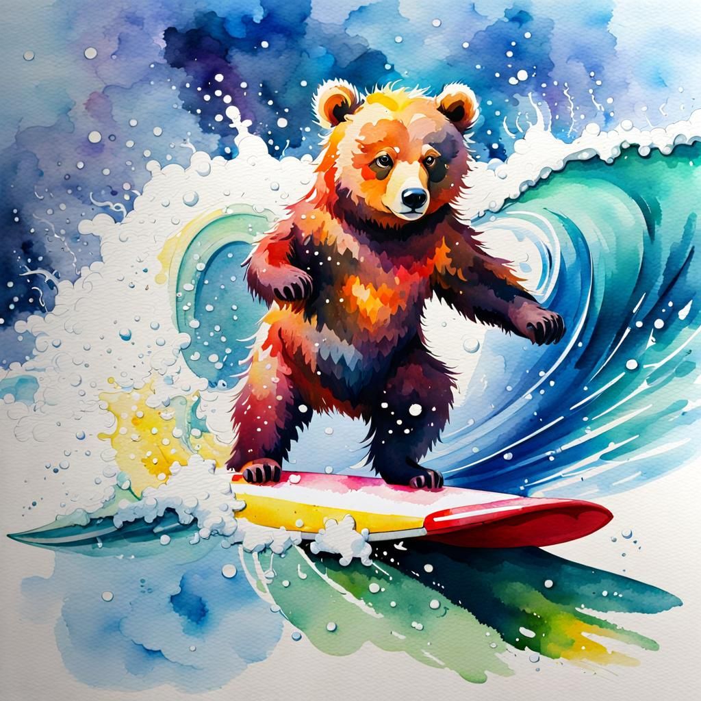 Cute Bear Surfing: Colorful Watercolor Art