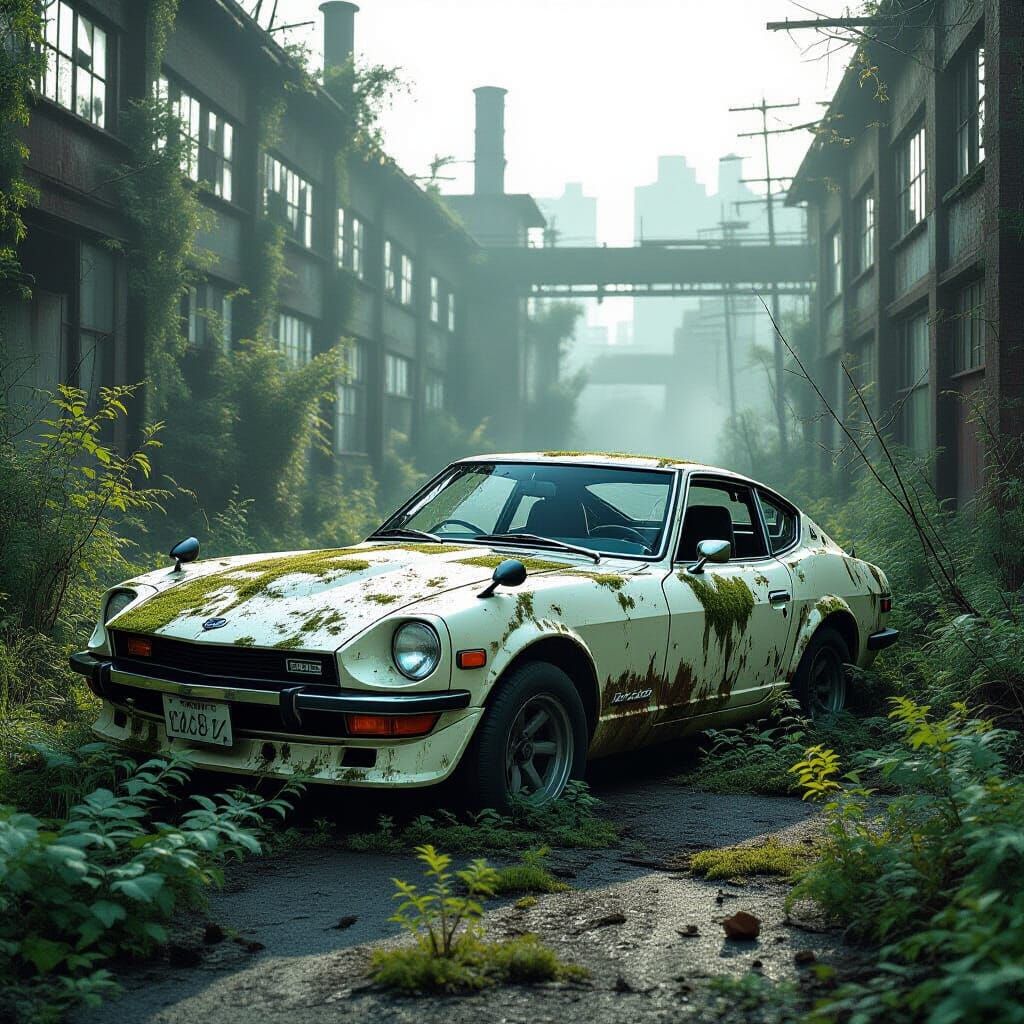 Derelict Datsun 240Z in Overgrown Field, Abandoned Complex