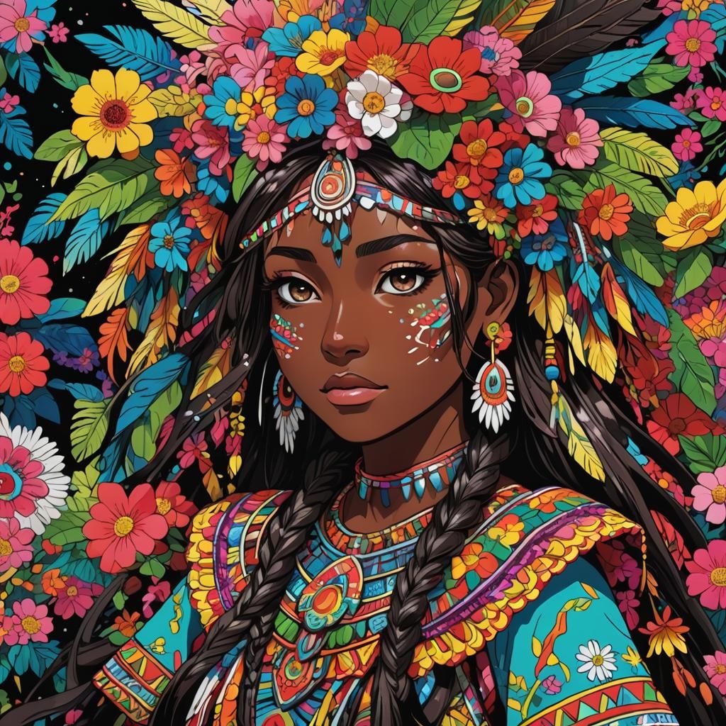 Aztec Girl in Anime Manga Neon Landscape