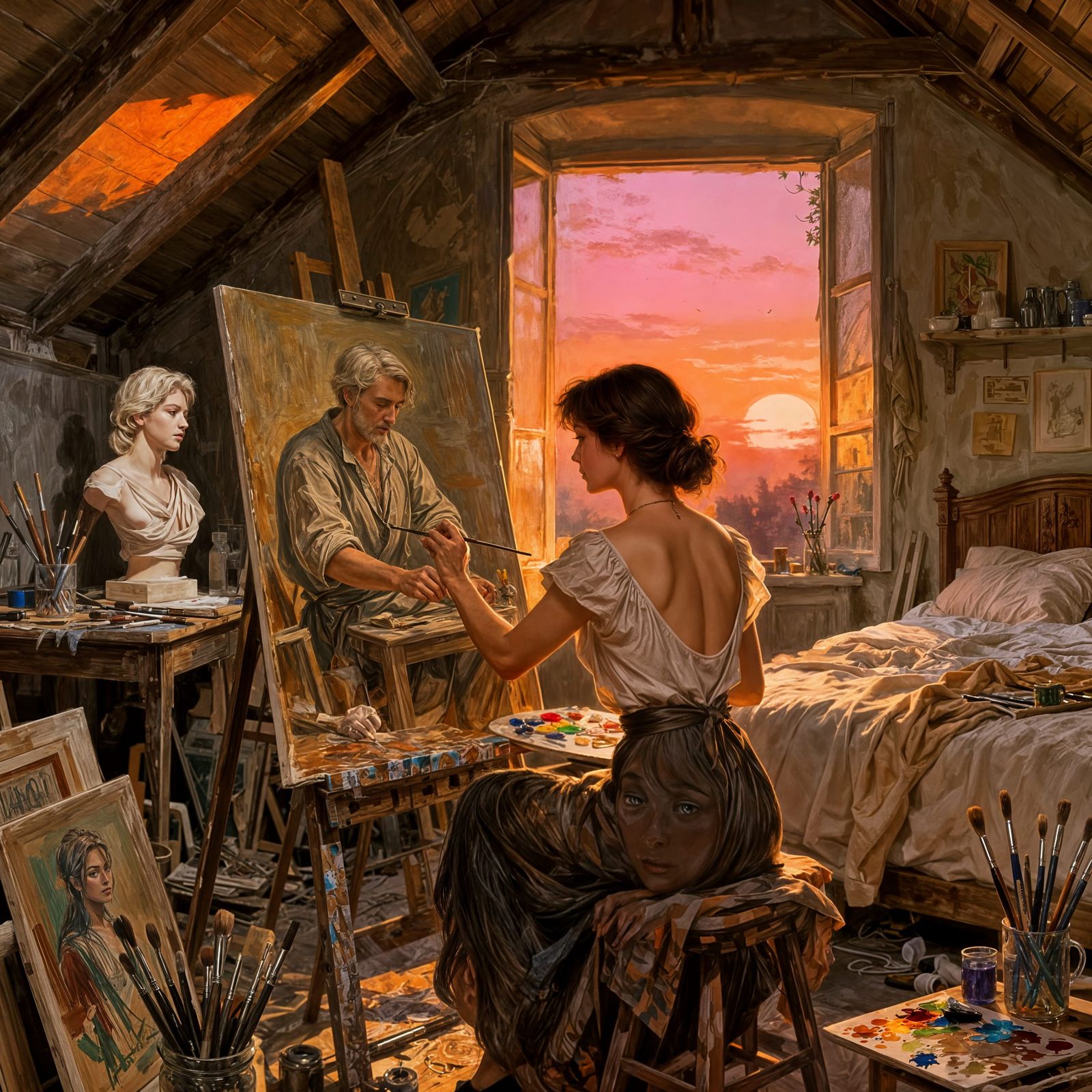 Female Painter Captures Sculptor in Detailed Attic Studio