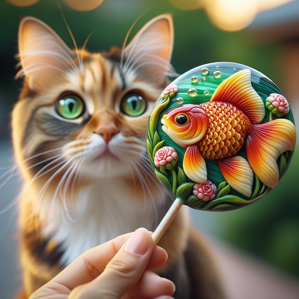 Cat Observes Intricate Goldfish Amezaiku Lollipop