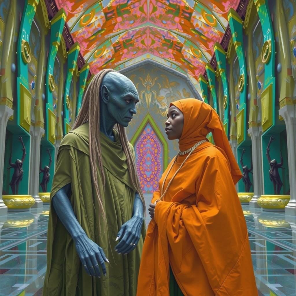 Surreal Alien Encounter in Iridescent Hall