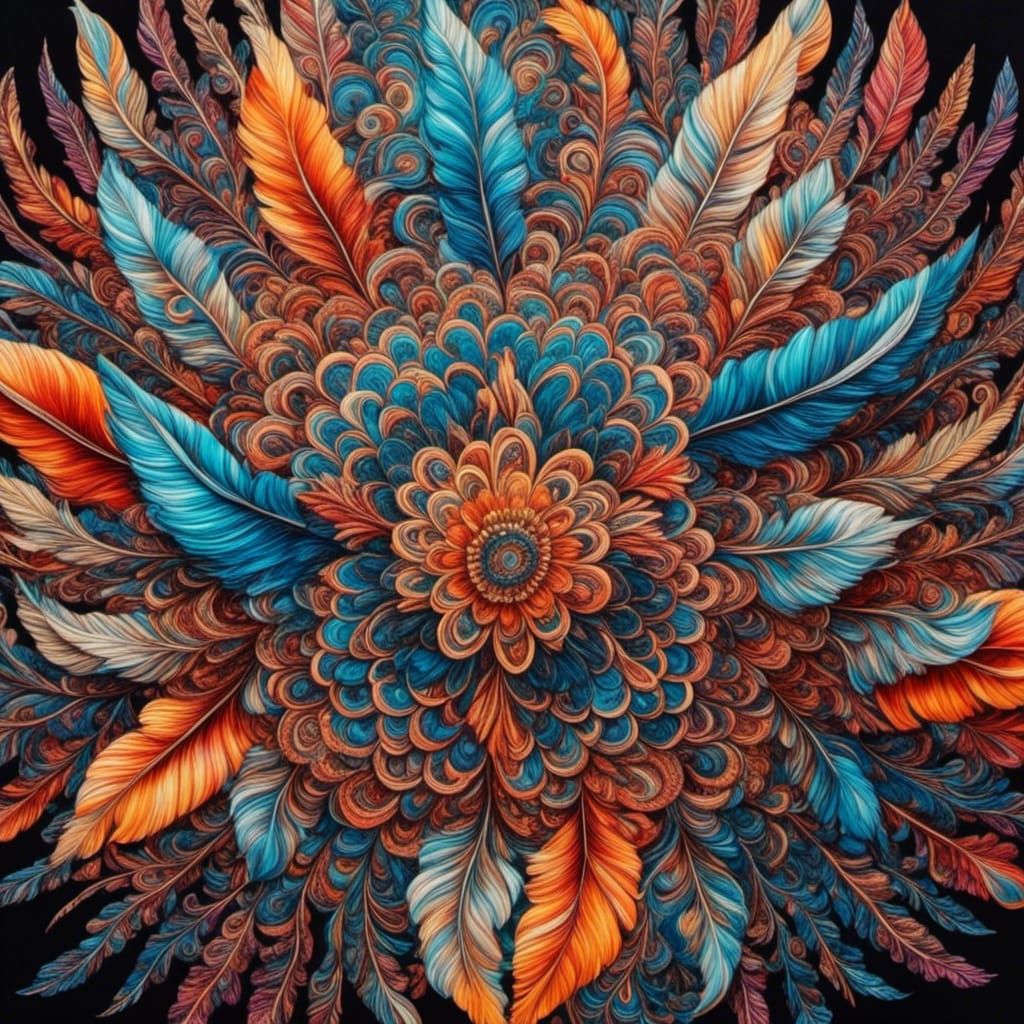 Bright Feather Mandala with Zentangle Patterns