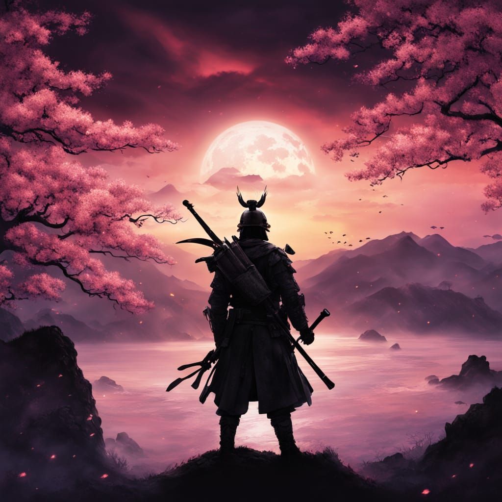 Warrior Amidst Sakura Sunset Chaos