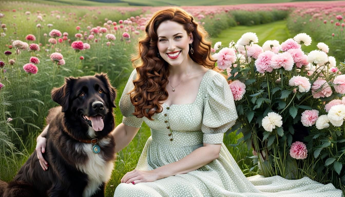 Woman with Dog in Carnation Meadow: Realistic Rendering