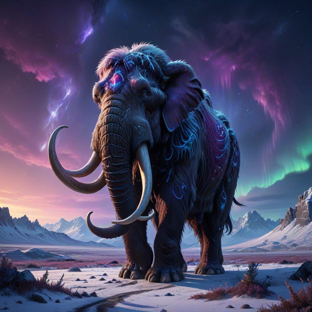 Colossal Mammoth in Snowy Tundra Under Aurora Borealis