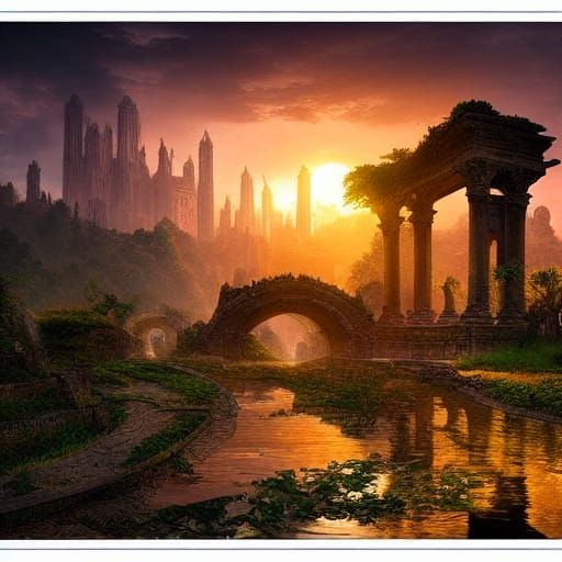 Golden Sunset Overgrown Ancient City