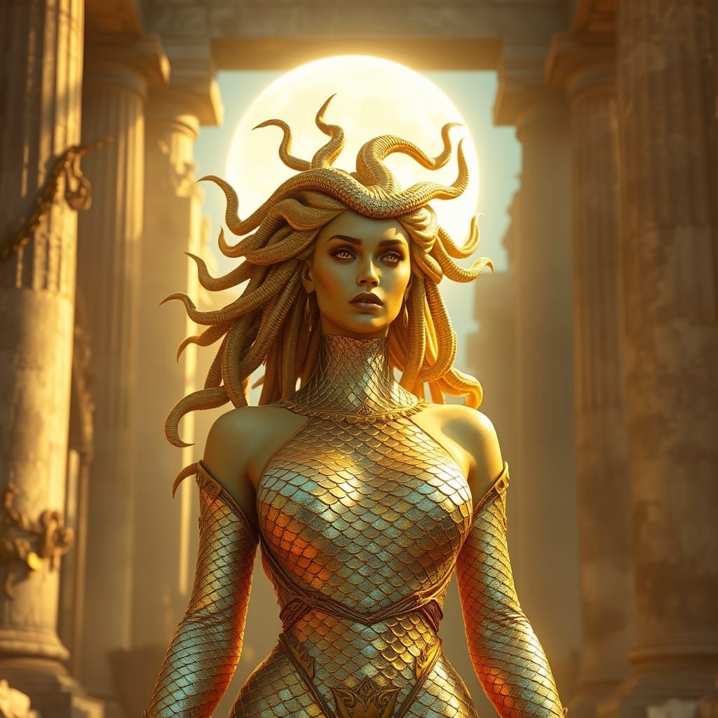 Golden Goddess of Greek Mythology in Serpentine Splendor