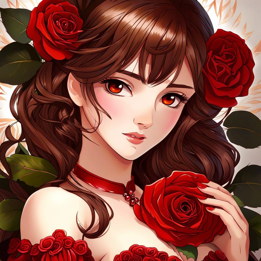 Anime Woman in Red Rose Dress