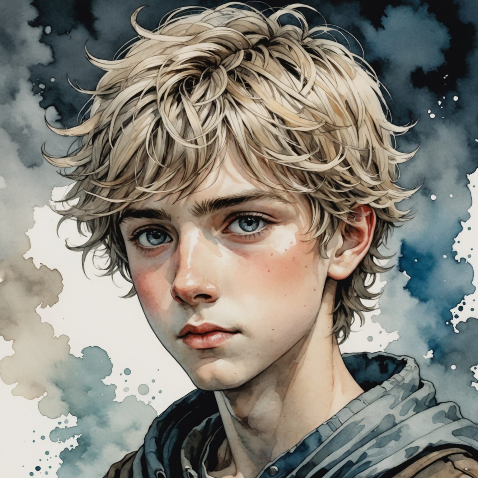 Watercolor and Ink Portrait of Blond Boy