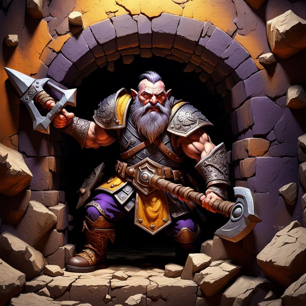 Raging Dwarf Warrior Breaking Through Wall