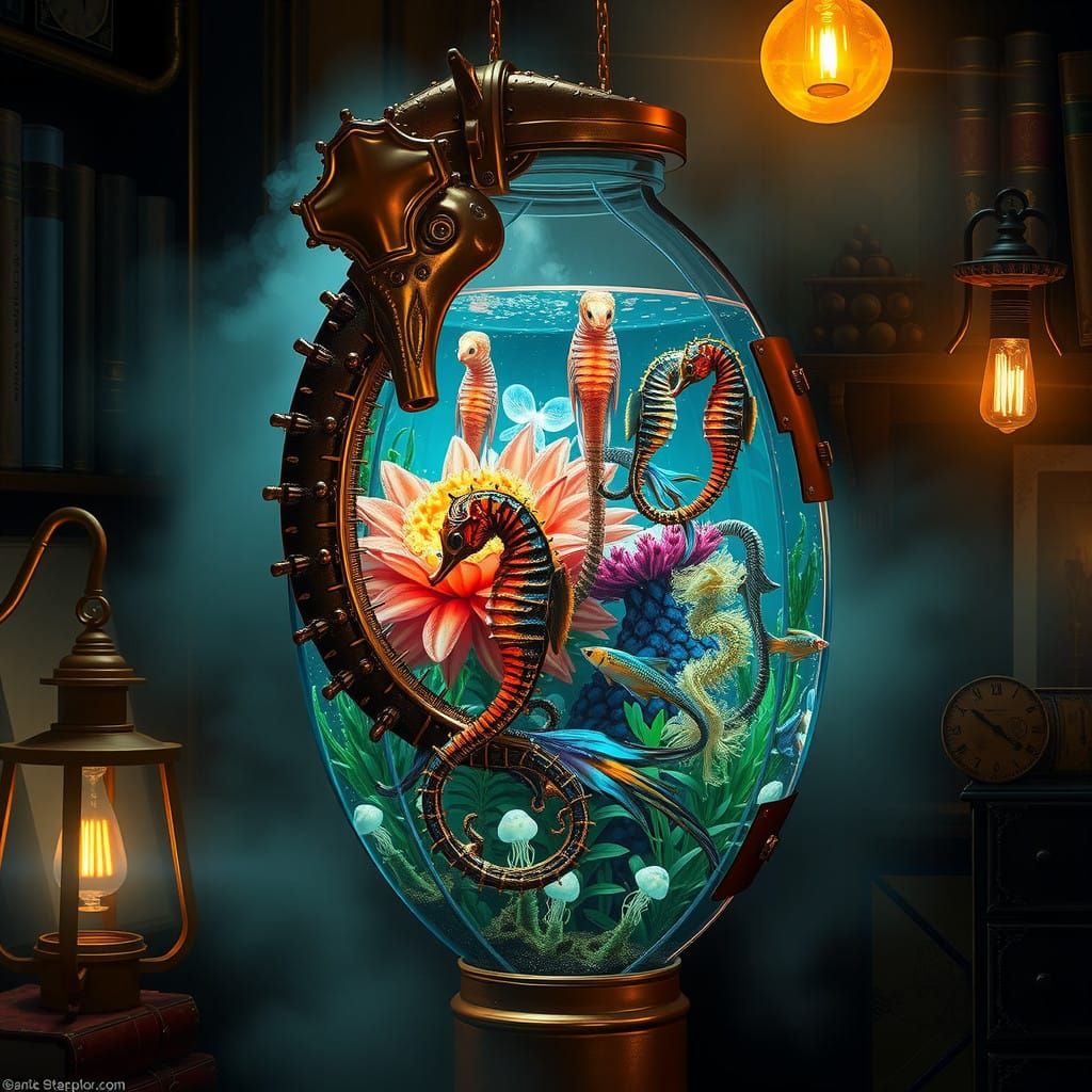 Steampunk Seahorse Aquarium Teeming with Iridescent Life