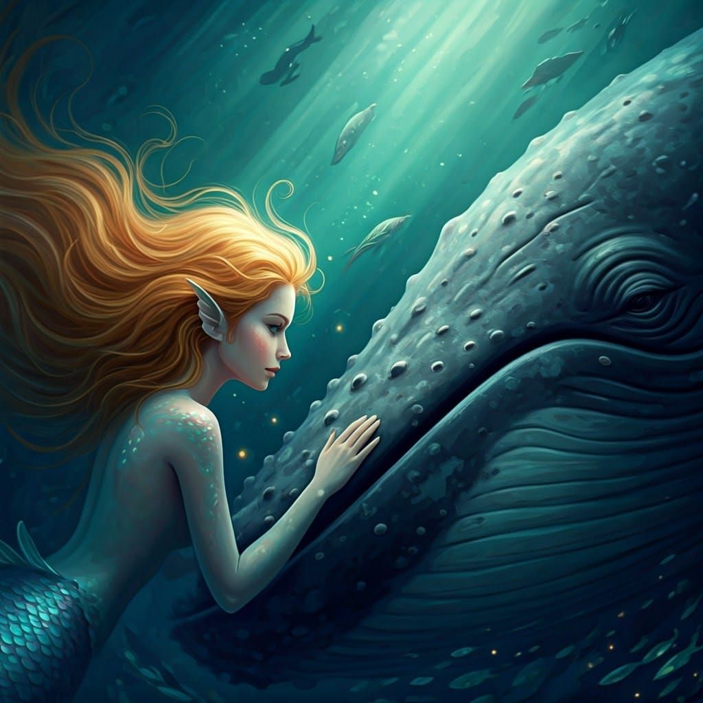 Mermaid and Ancient Whale in Ethereal Fantasy Waters