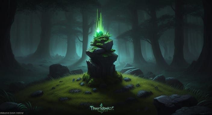 Mysterious Glowing Stone in Dark Fantasy Forest