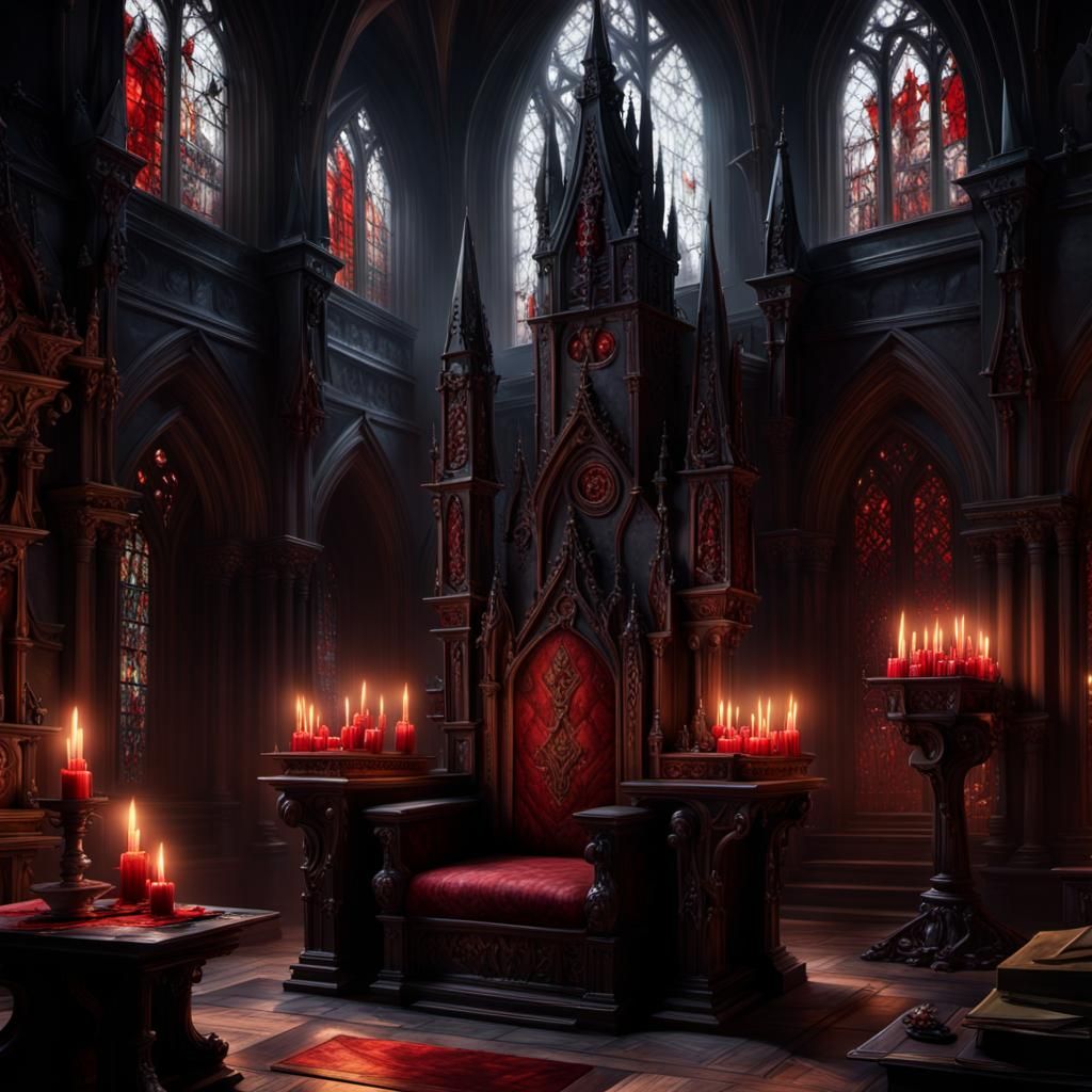 A dark, opulent mansion with towering spires, gargoyles perc...