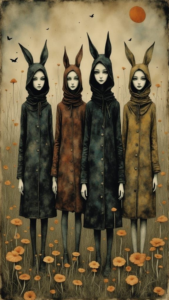 Slender Figures with Rabbit Ears and Amber Eyes in Mushroom ...