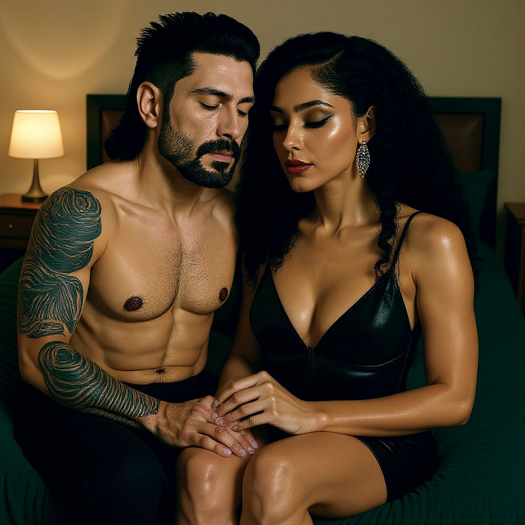 Intimate Couple in a Dimly Lit Bedroom