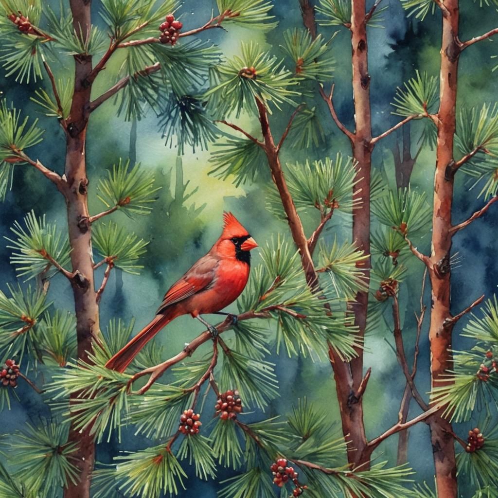 Cardinal on Pine Branch in Watercolor Style