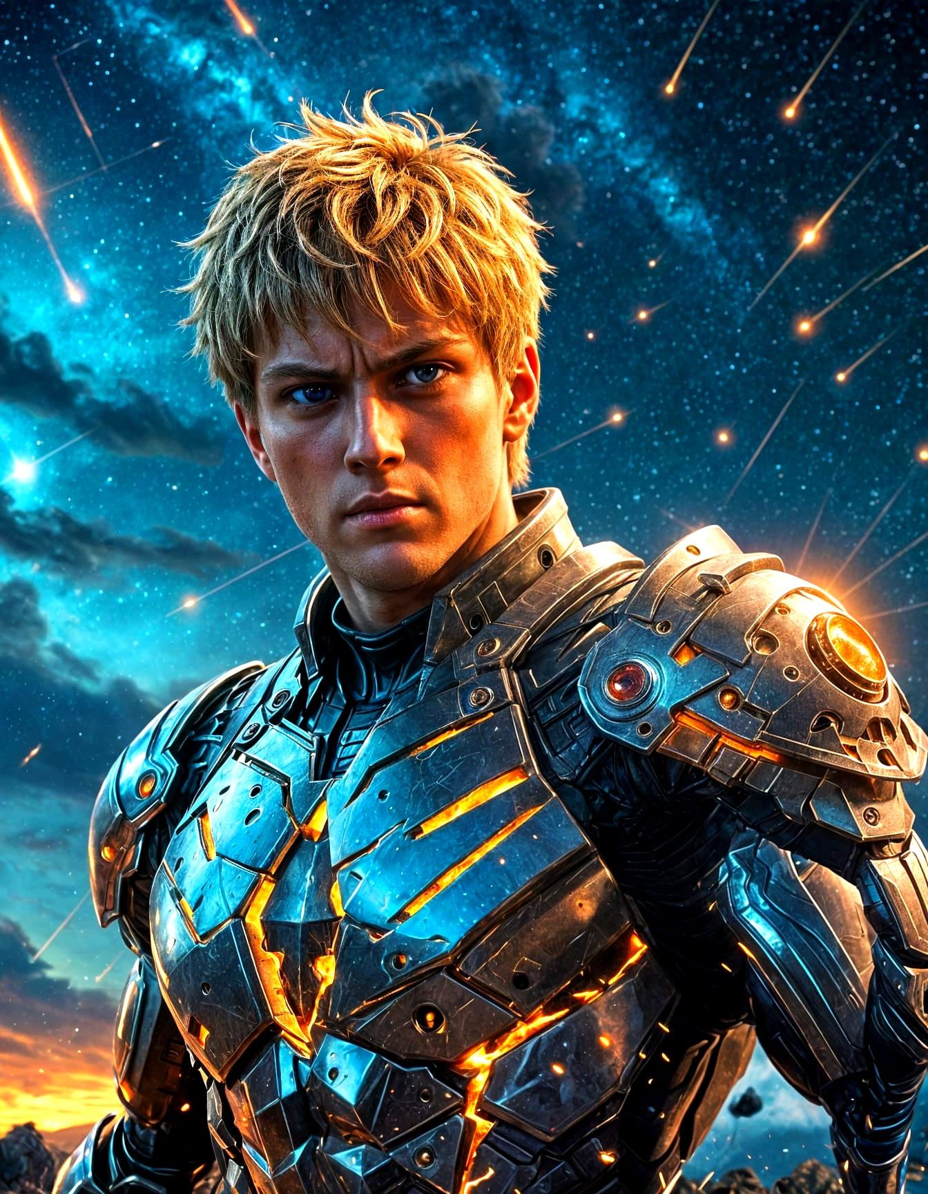 Genos Confronts Meteor Shower in Hyperrealistic Detail