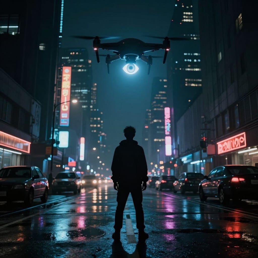 Cyberpunk Cityscape With Drone Surveillance