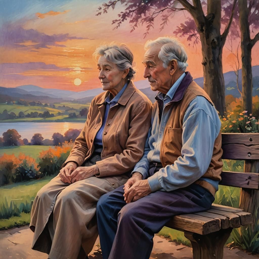 Elderly Couple at Sunset in Pastel Style