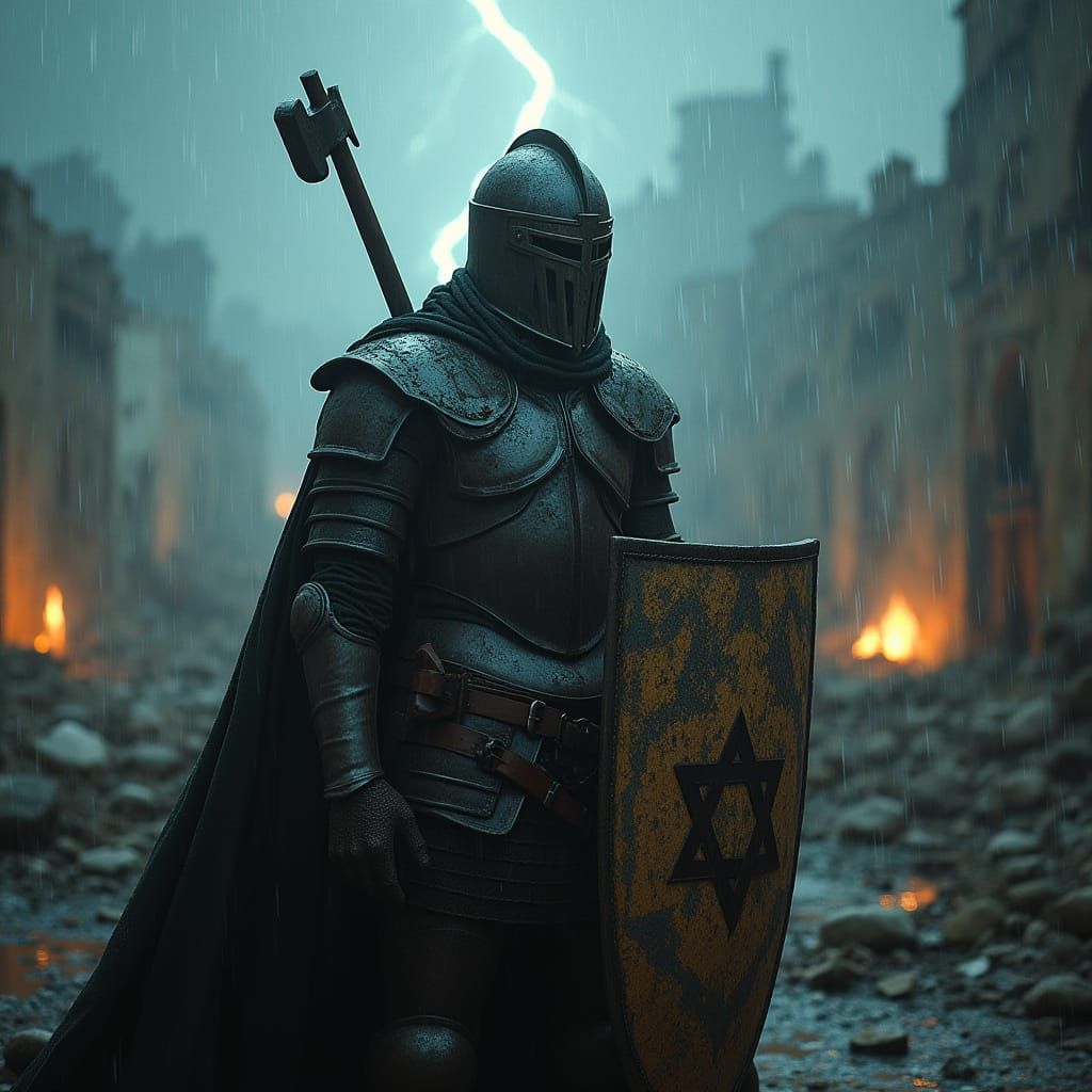 Judah Maccabee in Ruined Village Under Rain