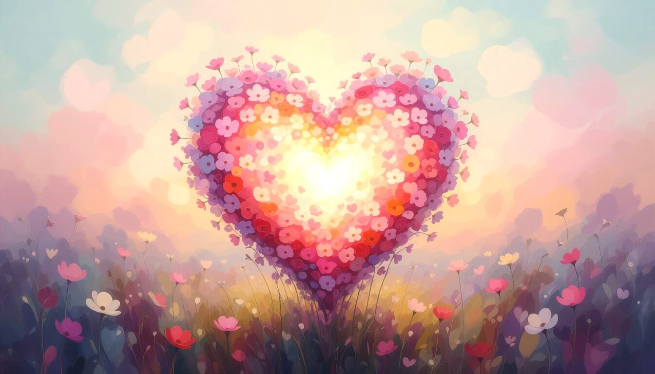 Vibrant Floral Heart Aglow in Dreamlike Landscape