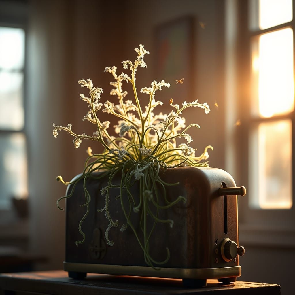 Steampunk Toaster Plant Blooms in Morning Sunlight