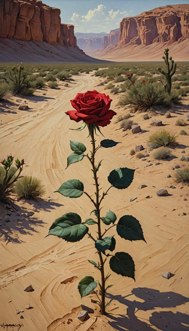 Red Rose in Desert Landscape as Oil Painting