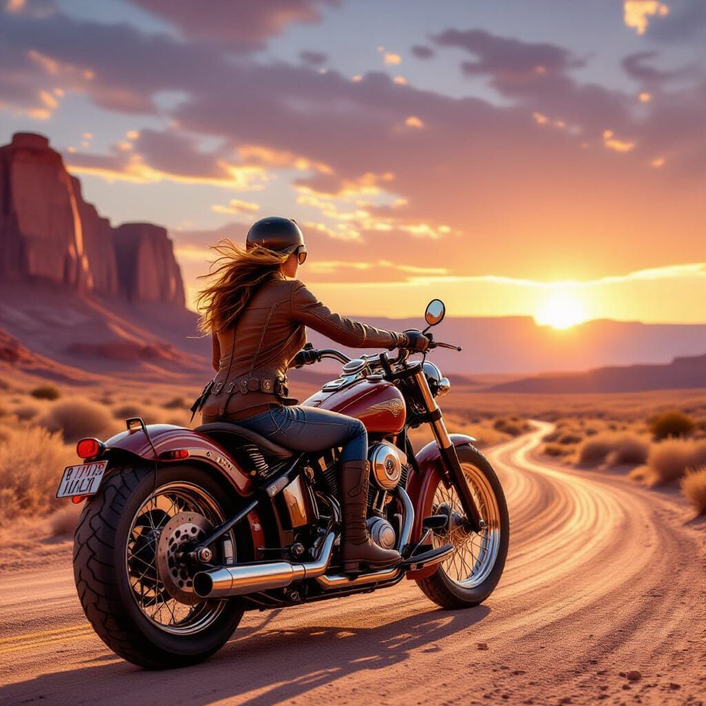 Steampunk Adventurer on Steam Motorcycle in Canyon