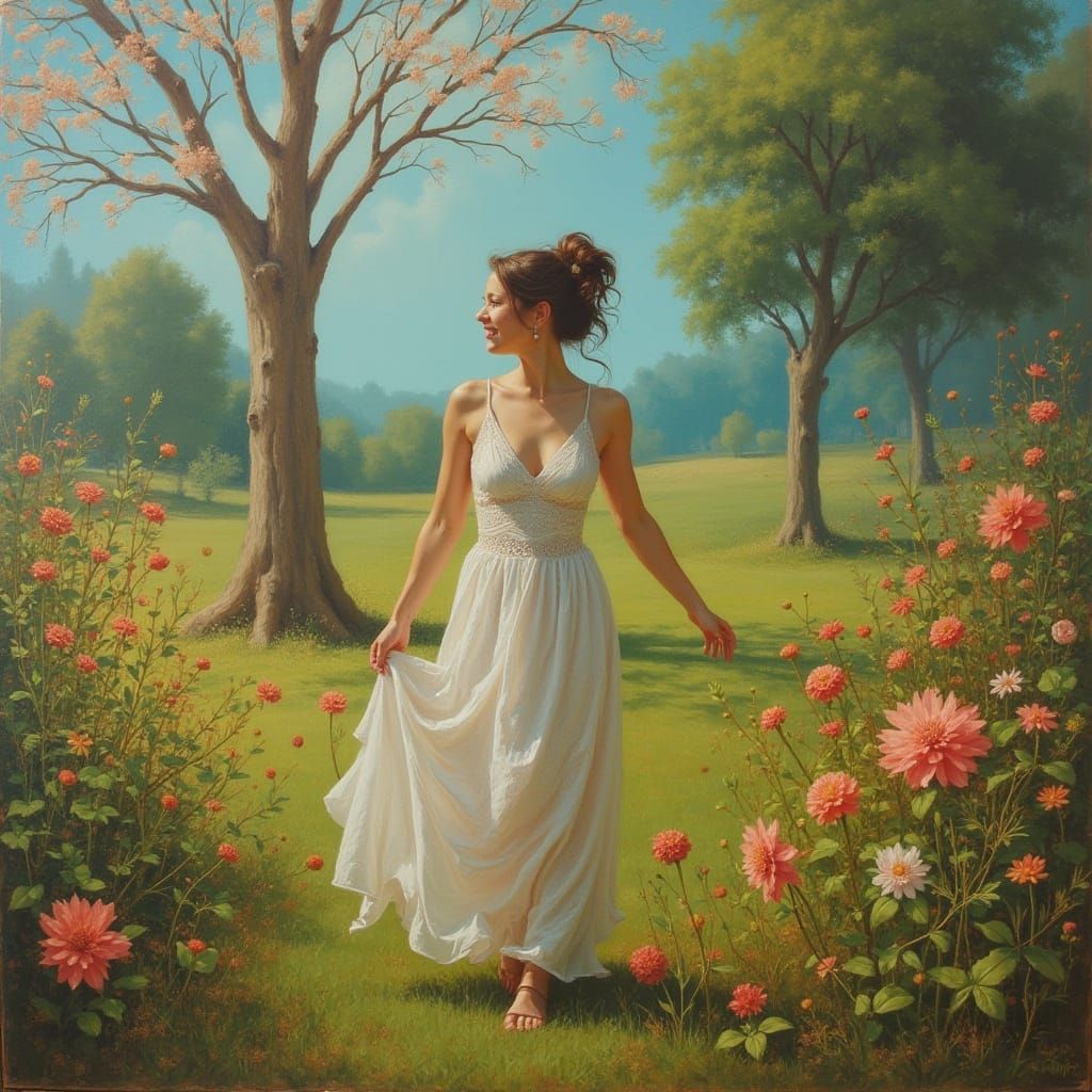 Woman in Surreal Park Scene as Melting Oil Painting