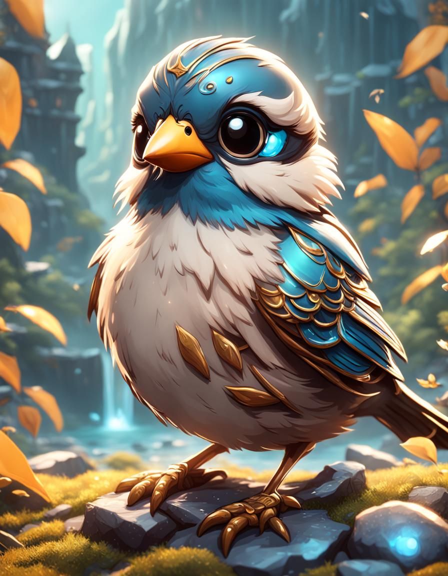 Chibi Sparrow with Big Eyes in Detailed Matte Painting