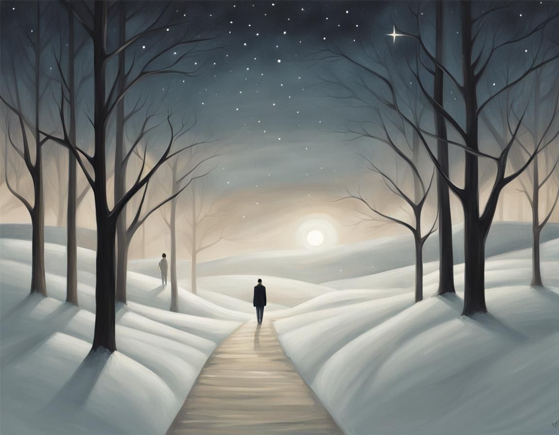 Silent Night Winter Landscape in Gouache Style