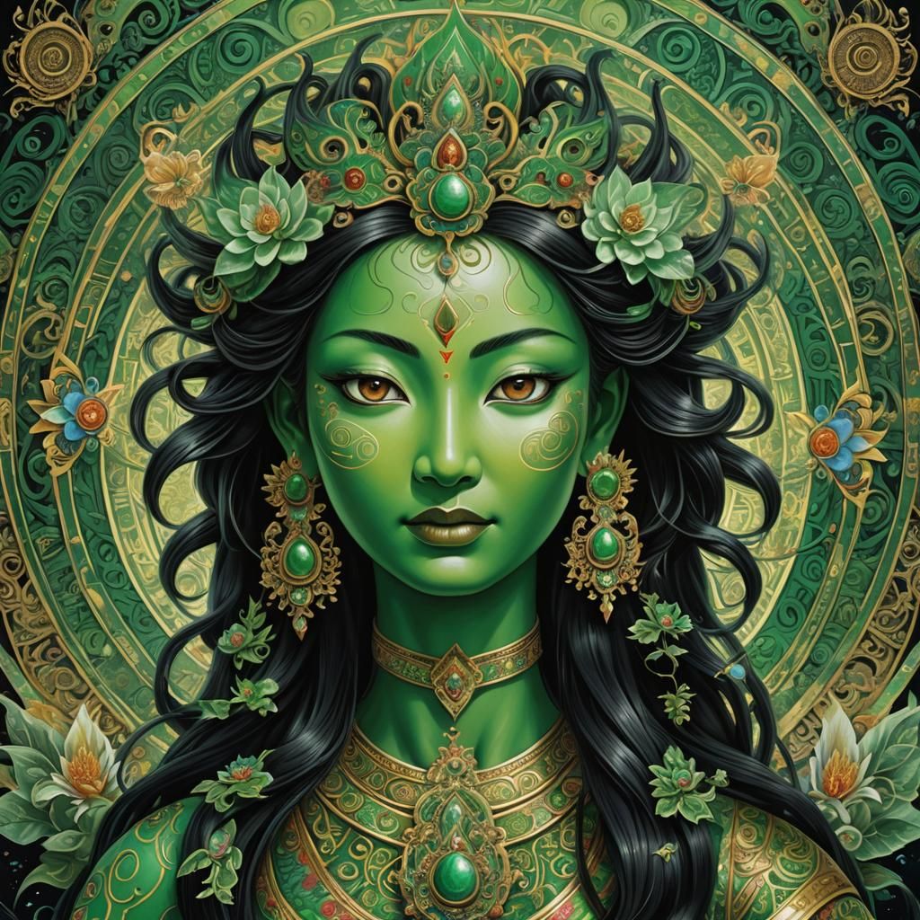 Westernized Green Tara in Cosmic Mixed Media