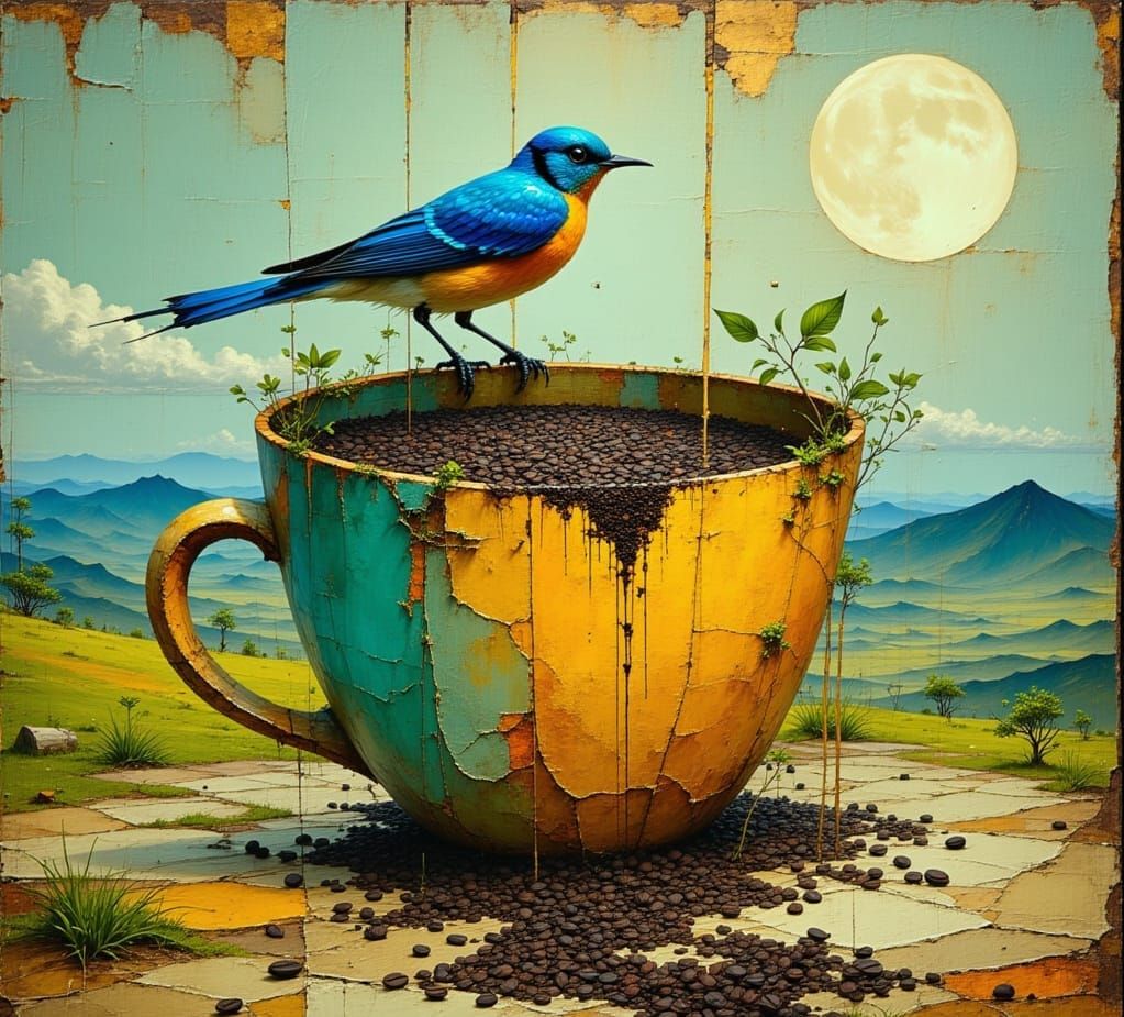Bluebird on Coffee Cup: Abstract Expressionist Style