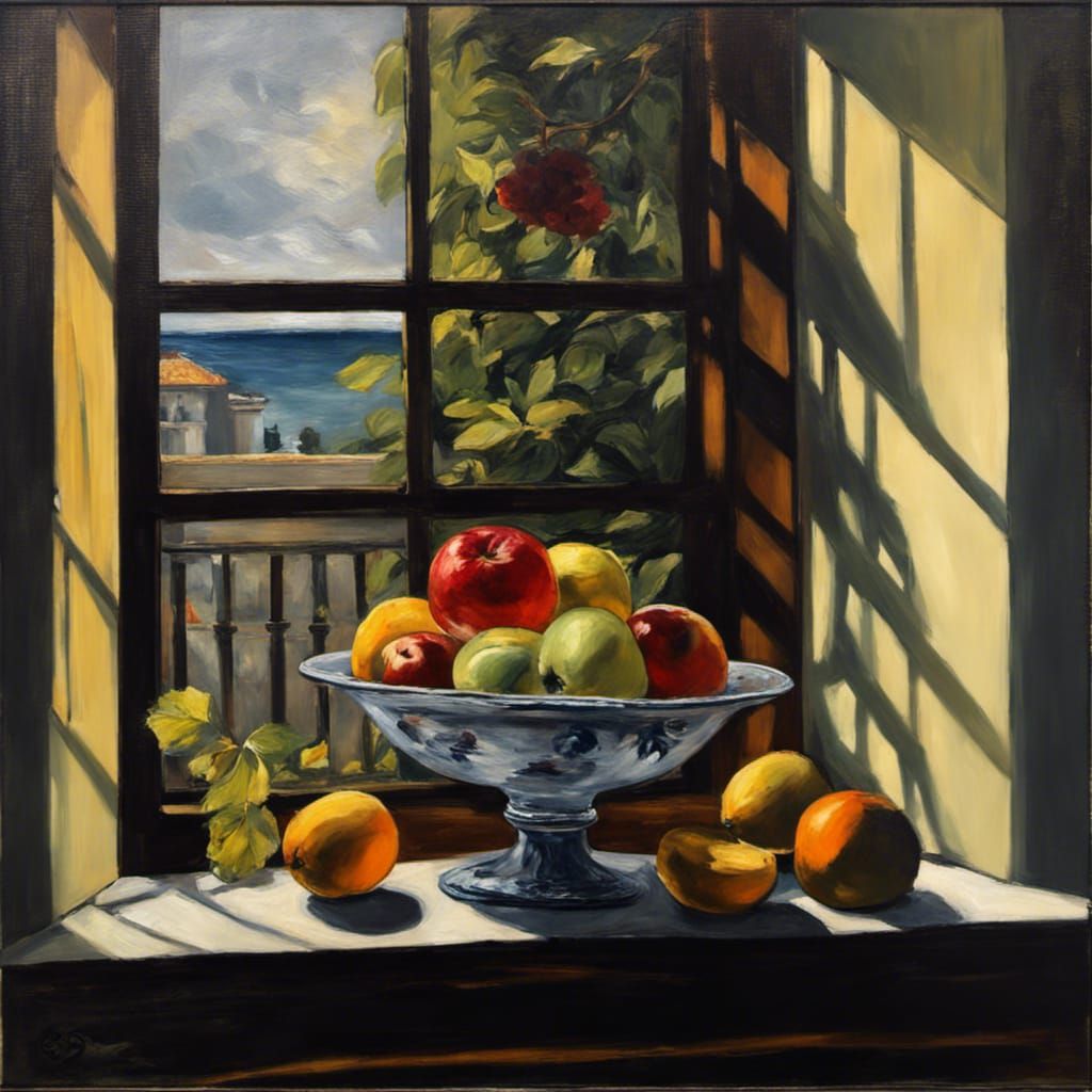 Dramatic Fruit Bowl Behind Window: Manet Style