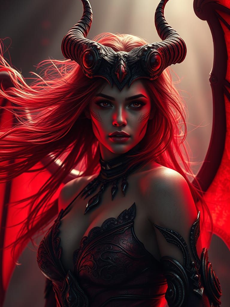 Hellish Demon Woman with Windswept Hair in Surreal Realism