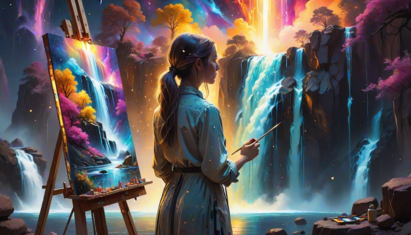 Female Artist Painting Cosmic Waterfall in Matte Style