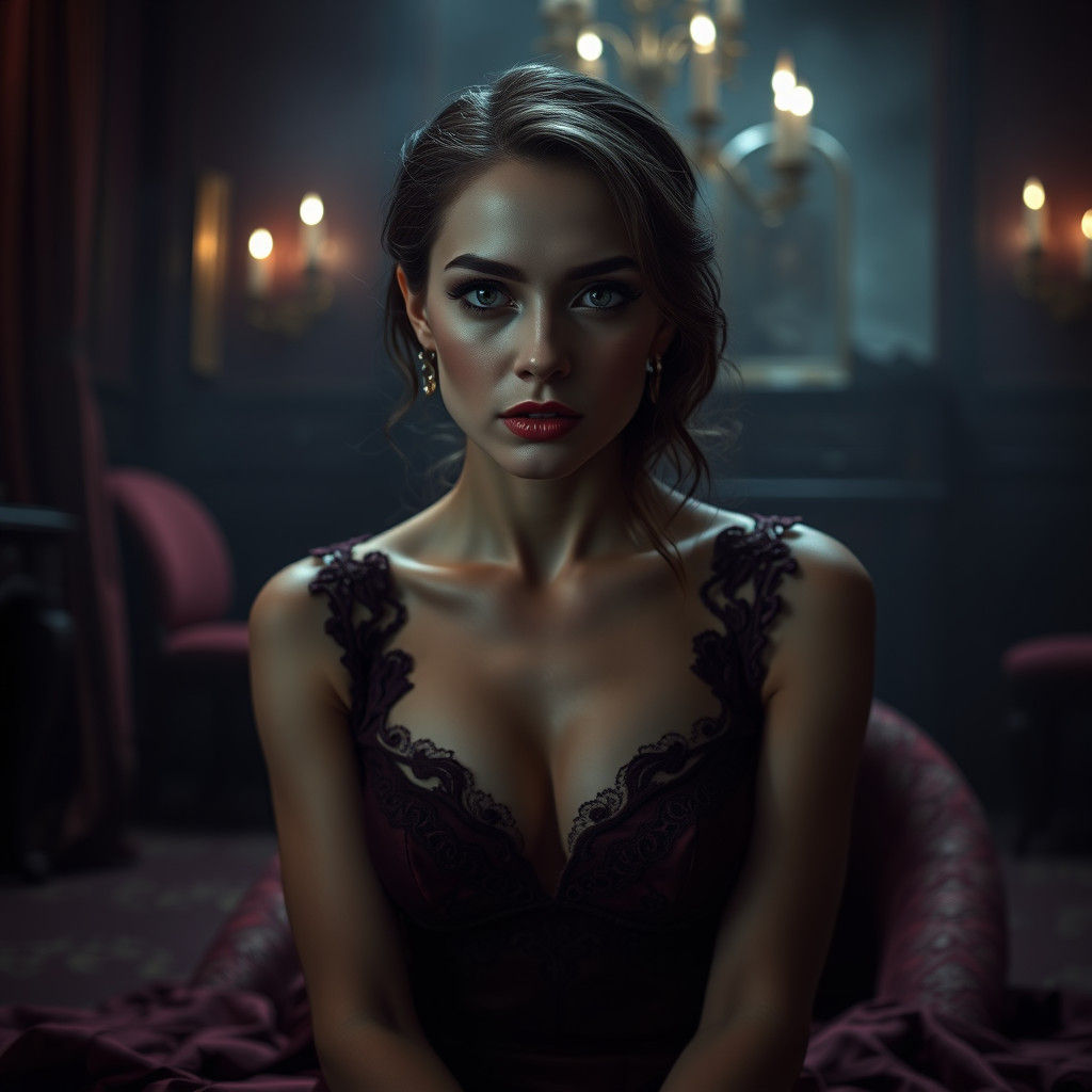 Mysterious Woman in Red Gown: Hyperrealistic Portrait